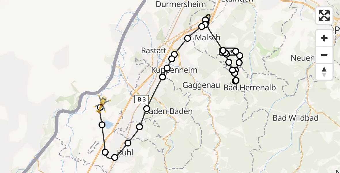 Flugroute Rettungshubschrauber Malsch - Karlsruhe Baden-Baden Flughafen, 14 April 2026, 20:41