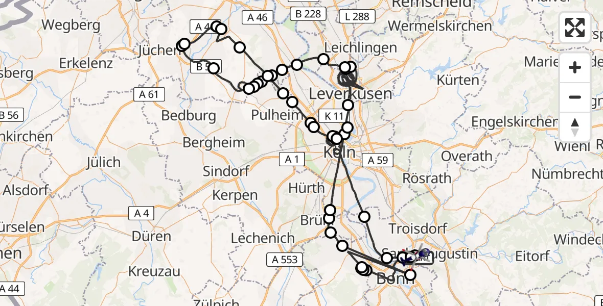 Flugroute Polizeihubschrauber Bonn-Hangelar Flugplatz - Sankt Augustin, 14 April 2026, 21:03