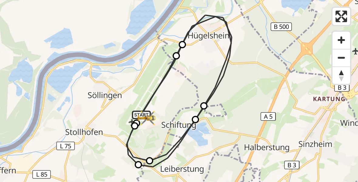 Flugroute Rettungshubschrauber Karlsruhe Baden-Baden Flughafen - Karlsruhe Baden-Baden Flughafen, 14 April 2026, 21:11