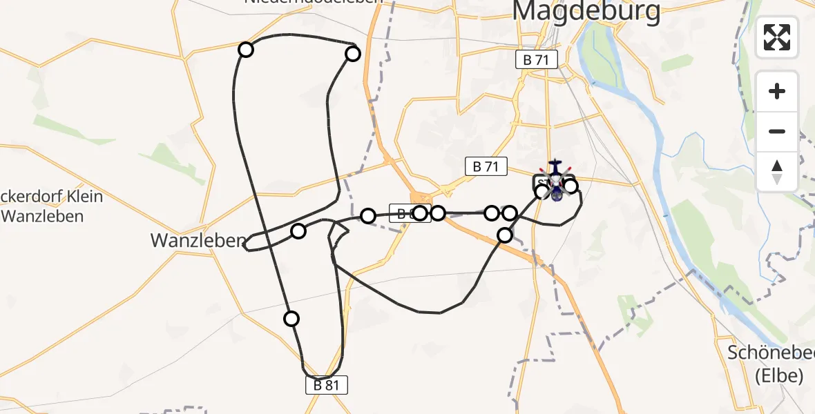 Flugroute Polizeihubschrauber Magdeburg City Flugplatz - Magdeburg, 14 April 2026, 21:24