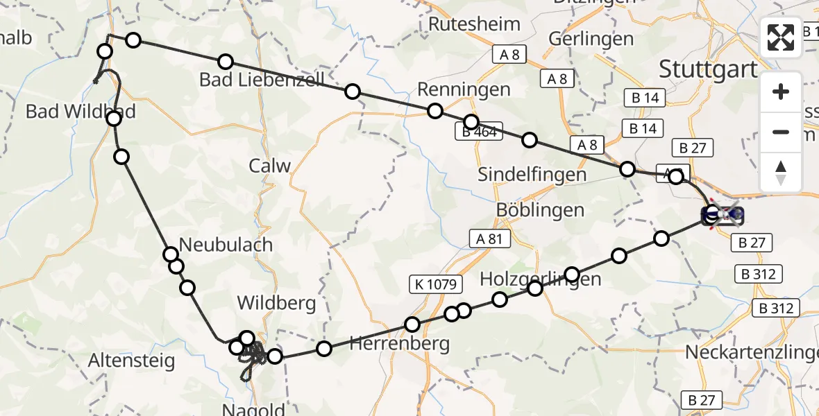 Flugroute Polizeihubschrauber Flughafen Stuttgart - Flughafen Stuttgart, 14 April 2026, 21:58