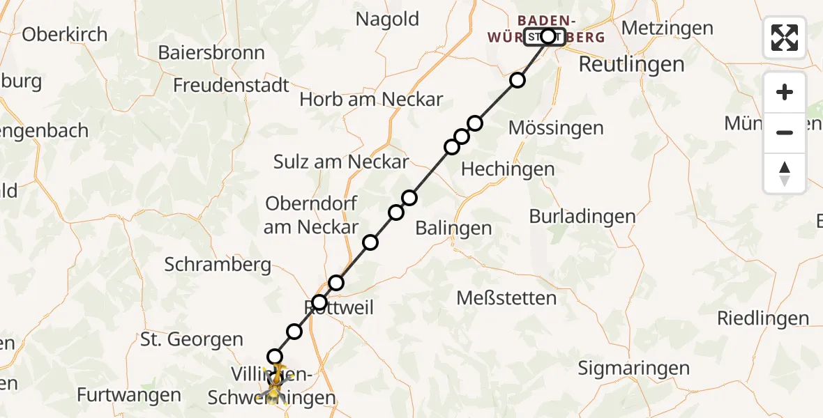 Flugroute Rettungshubschrauber Tübingen University Hospital - DRF Air Rescue Station Villingen-Schwenningen Hubschrauberlandeplatz (Christoph 11), 14 April 2026, 22:05