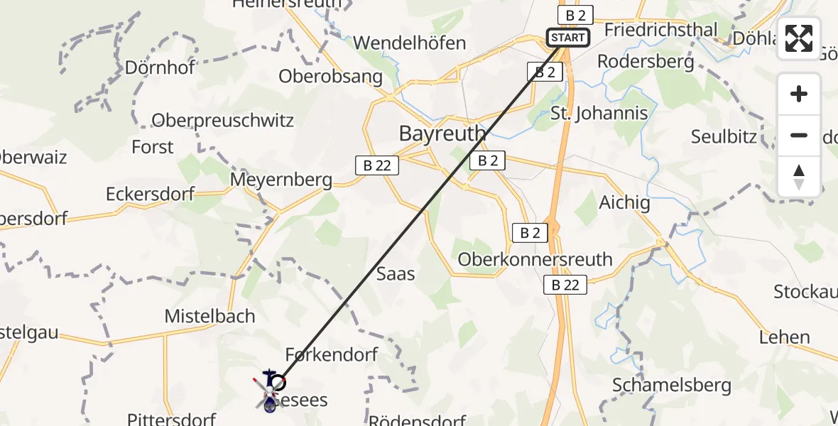 Flugroute Polizeihubschrauber Bayreuth - Gesees, 14 April 2026, 22:28