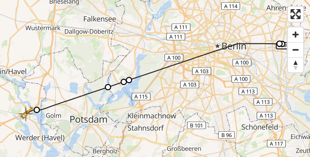 Flugroute Rettungshubschrauber Berlin Emergency Hospital - Werder (Havel), 14 April 2026, 22:30