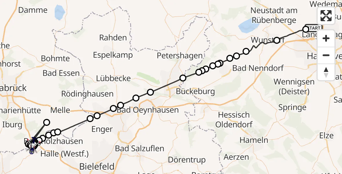 Flugroute Polizeihubschrauber Flughafen Hannover - Dissen am Teutoburger Wald, 14 April 2026, 22:43