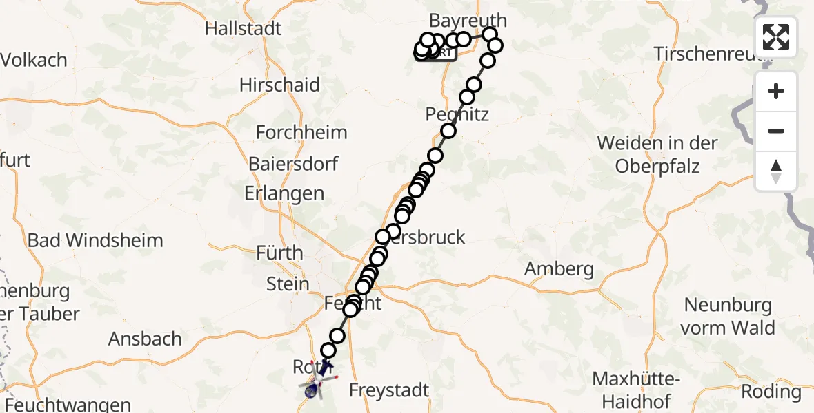 Flugroute Polizeihubschrauber Hummeltal - Roth, 14 April 2026, 22:53