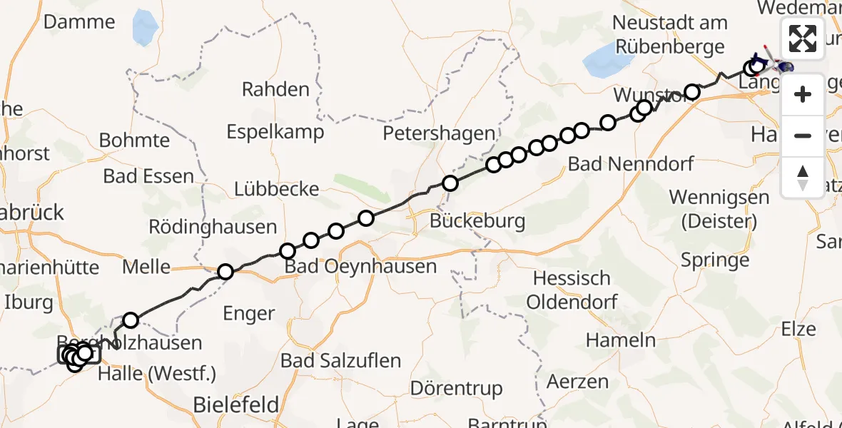 Flugroute Polizeihubschrauber Dissen am Teutoburger Wald - Flughafen Hannover, 14 April 2026, 23:30