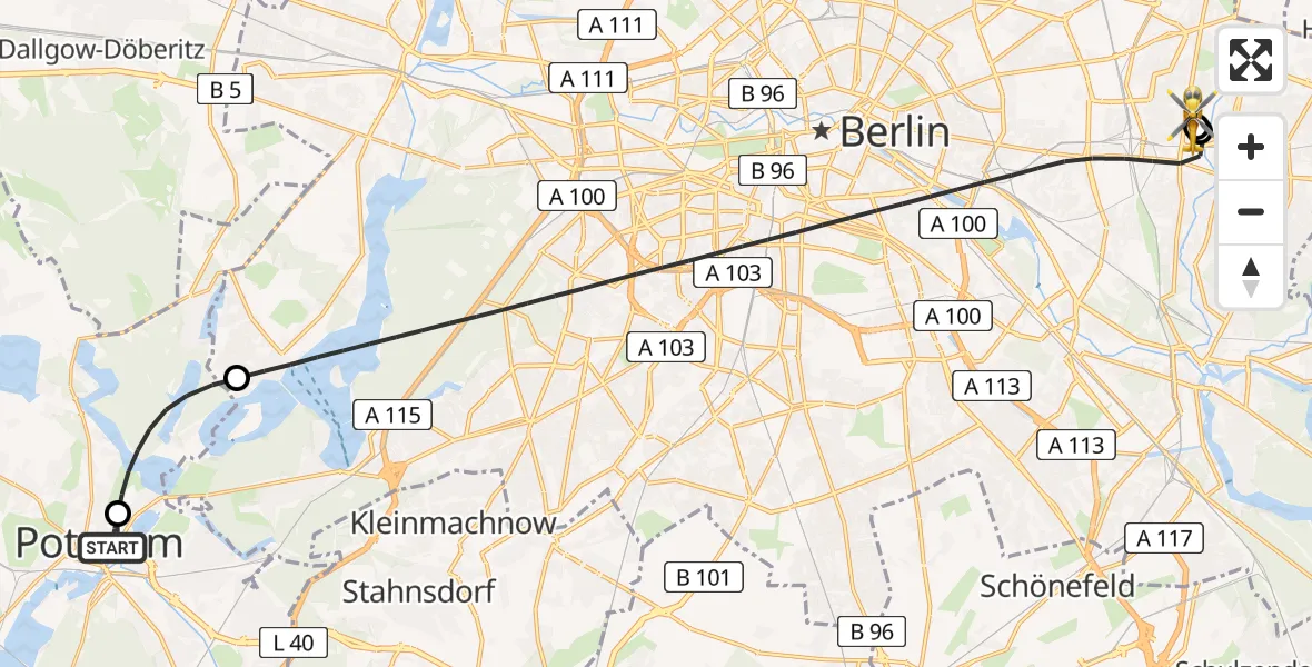 Flugroute Rettungshubschrauber Ernst von Bergmann Clinic Hubschrauberlandeplatz - Berlin Emergency Hospital, 15 April 2026, 00:02