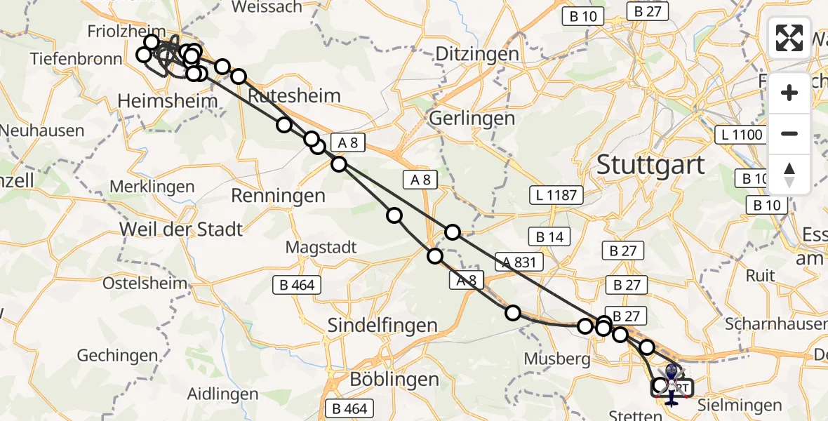 Flugroute Polizeihubschrauber Flughafen Stuttgart - Flughafen Stuttgart, 15 April 2026, 01:25
