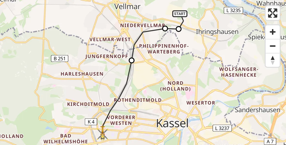 Flugroute Rettungshubschrauber Fuldatal Bundespolizei Hubschrauberlandeplatz - Kassel, 15 April 2026, 05:03
