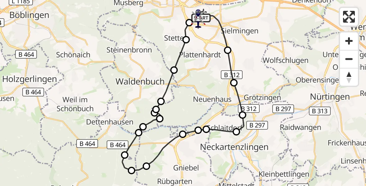 Flugroute Polizeihubschrauber Flughafen Stuttgart - Flughafen Stuttgart, 15 April 2026, 05:15