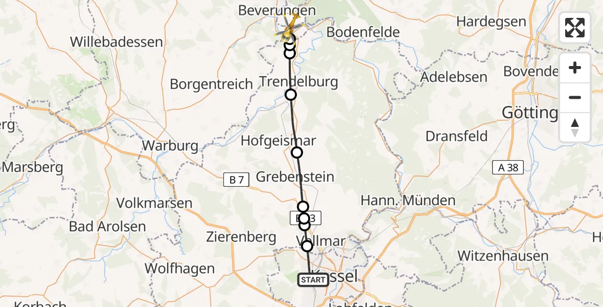 Flugroute Rettungshubschrauber Kassel - Beverungen, 15 April 2026, 06:10