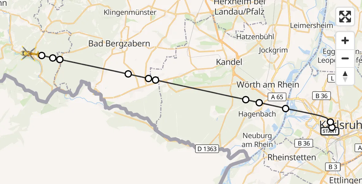 Flugroute Rettungshubschrauber Sankt Vincentius Hospital - Niederschlettenbach, 15 April 2026, 06:21