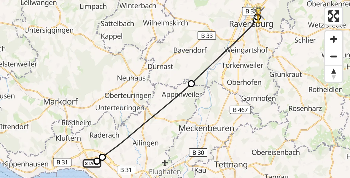 Flugroute Rettungshubschrauber Friedrichshafen Hospital - Sankt Elisabeth Hospital, 15 April 2026, 06:38