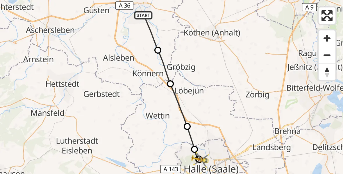 Flugroute Rettungshubschrauber Bernburg (Saale) - Halle (Saale) University Hospital, 15 April 2026, 06:46