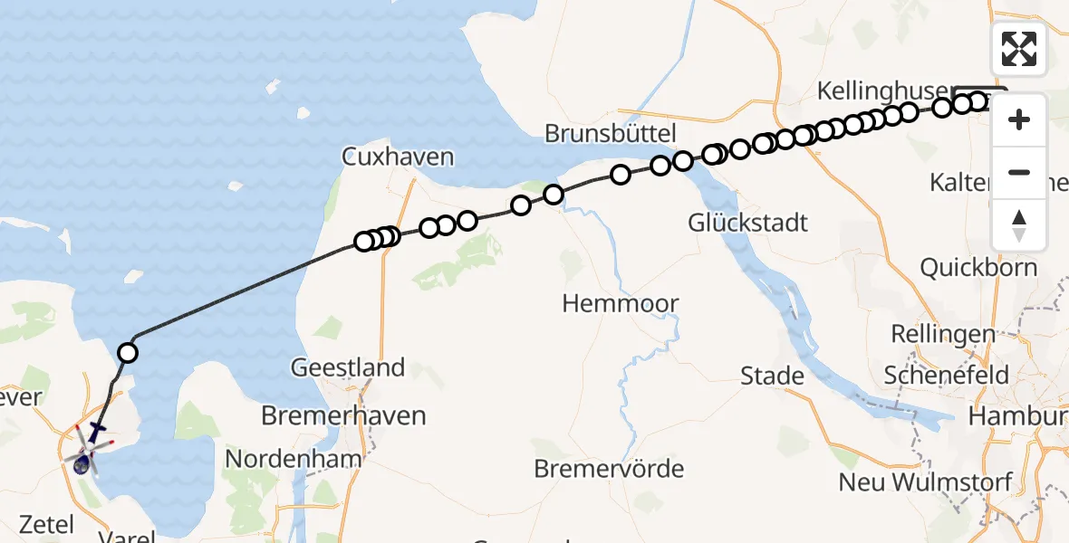 Flugroute Polizeihubschrauber Bad Bramstedt Hubschrauberlandeplatz - Wilhelmshaven, 15 April 2026, 06:54