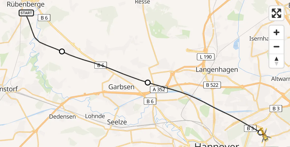 Flugroute Rettungshubschrauber Neustadt am Rübenberge - Hannover Luftrettung Hubschrauberlandeplatz (Christoph 4), 15 April 2026, 06:59
