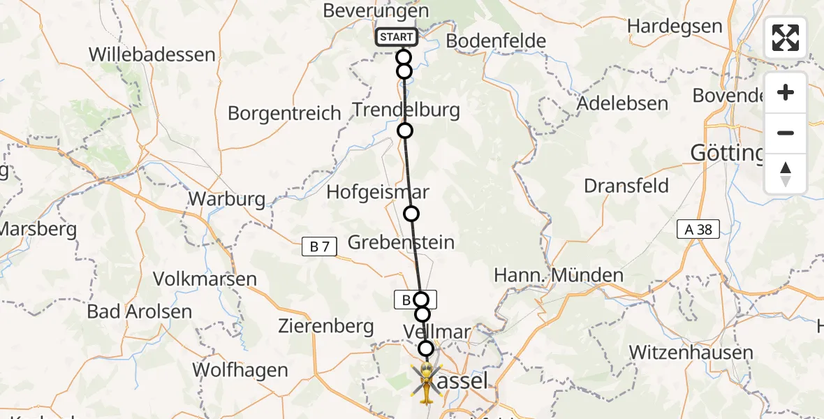 Flugroute Rettungshubschrauber Beverungen - Kassel, 15 April 2026, 07:02