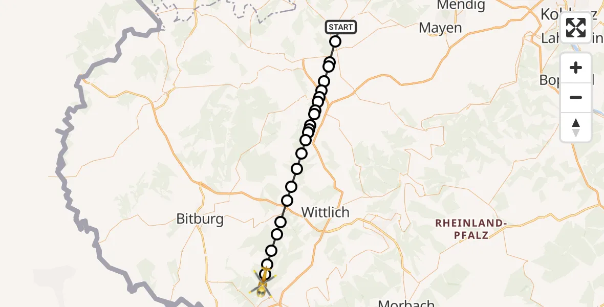 Flugroute Ambulanzhubschrauber Müllenbach - Schweich, 15 April 2026, 07:03