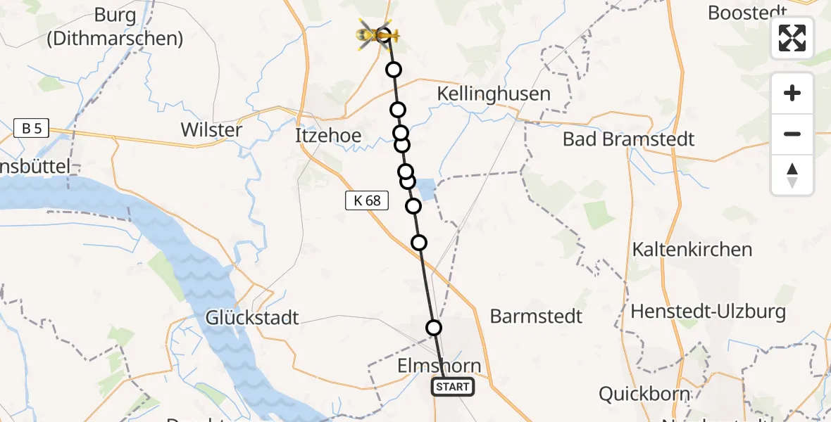 Flugroute Rettungshubschrauber Elmshorn - Itzehoe Hungriger Wolf Flugplatz, 15 April 2026, 07:03