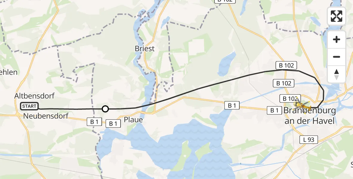 Flugroute Rettungshubschrauber Bensdorf - Brandenburg an der Havel, 15 April 2026, 07:11