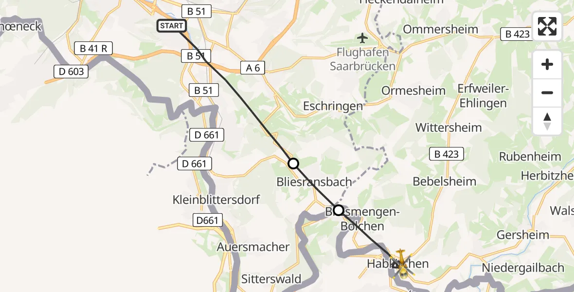 Flugroute Rettungshubschrauber Saarbrücken - Mandelbachtal, 15 April 2026, 07:11