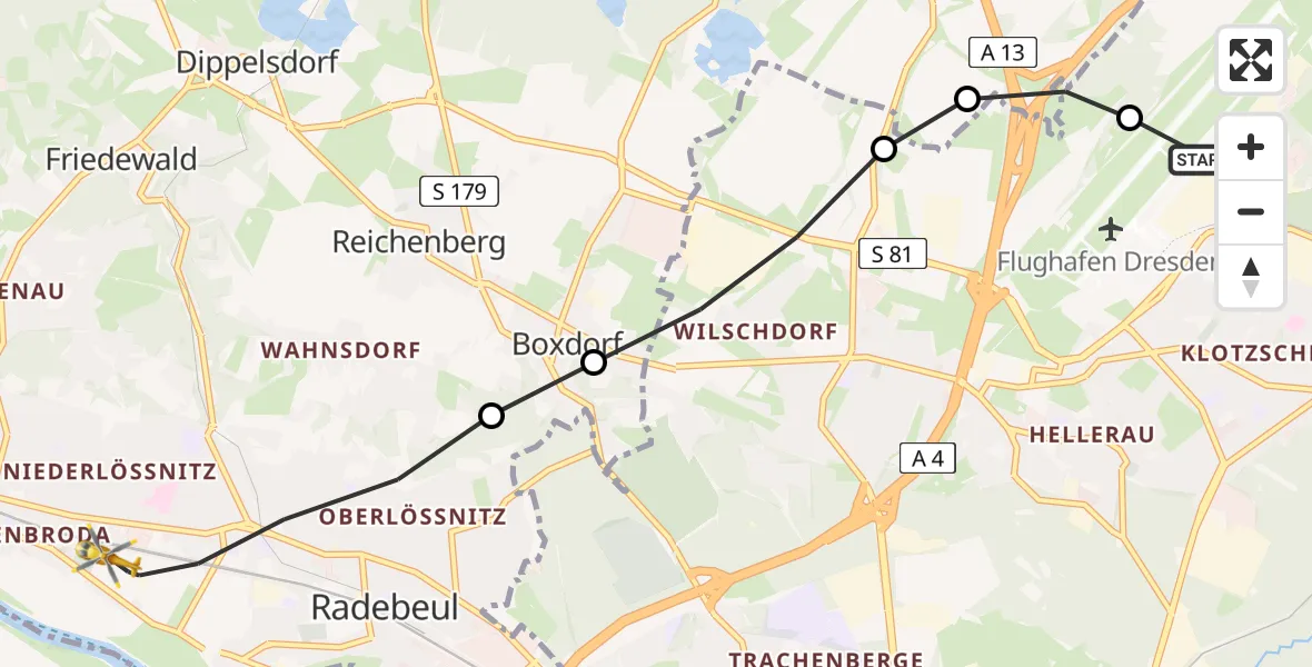 Flugroute Rettungshubschrauber Dresden Bundespolizei Hubschrauberlandeplatz - Radebeul, 15 April 2026, 07:22