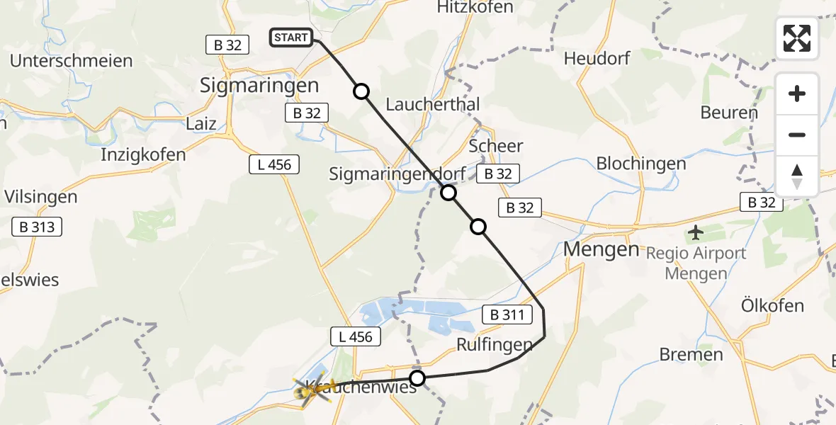 Flugroute Rettungshubschrauber Sigmaringen - Krauchenwies, 15 April 2026, 07:24