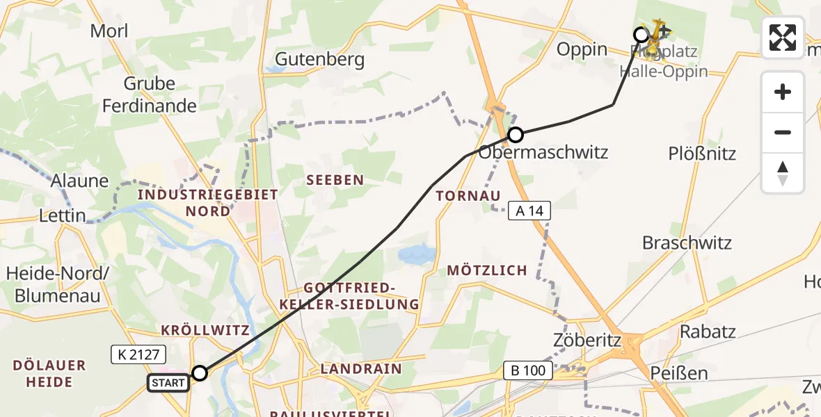 Flugroute Rettungshubschrauber Halle (Saale) University Hospital - Halle-Oppin Flugplatz, 15 April 2026, 07:29