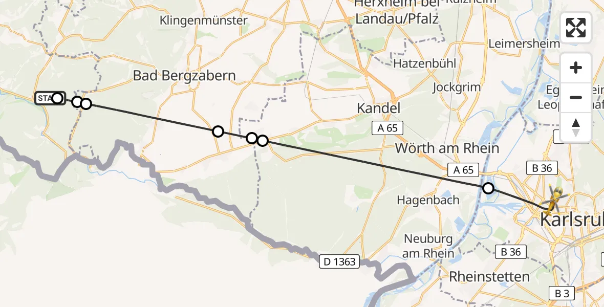 Flugroute Rettungshubschrauber Niederschlettenbach - Karlsruhe, 15 April 2026, 07:35