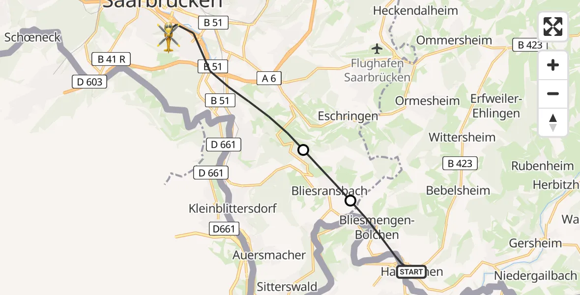 Flugroute Rettungshubschrauber Mandelbachtal - Saarbrücken, 15 April 2026, 07:37