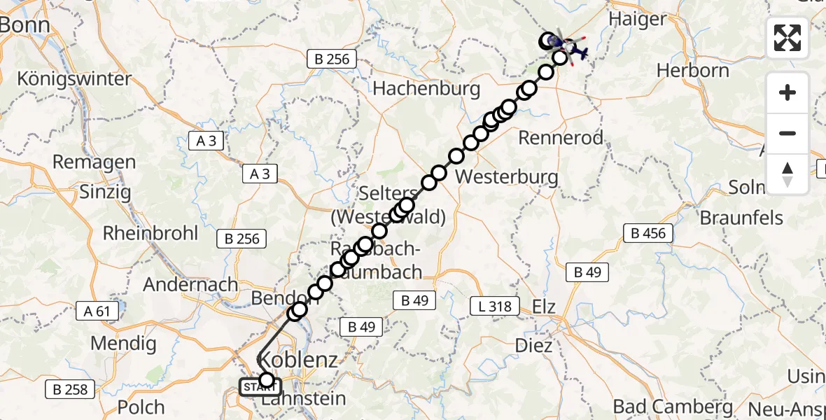 Flugroute Polizeihubschrauber Koblenz-Winningen Flugplatz - Siegerland Flughafen, 15 April 2026, 07:38