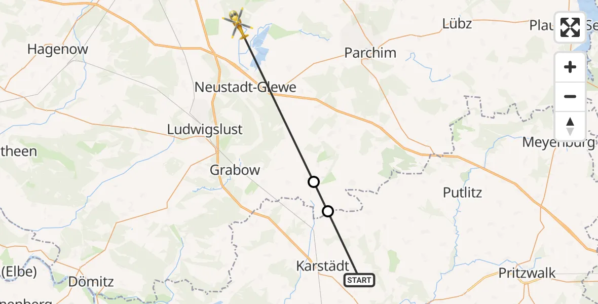 Flugroute Rettungshubschrauber Karstädt - Neustadt-Glewe, 15 April 2026, 07:44