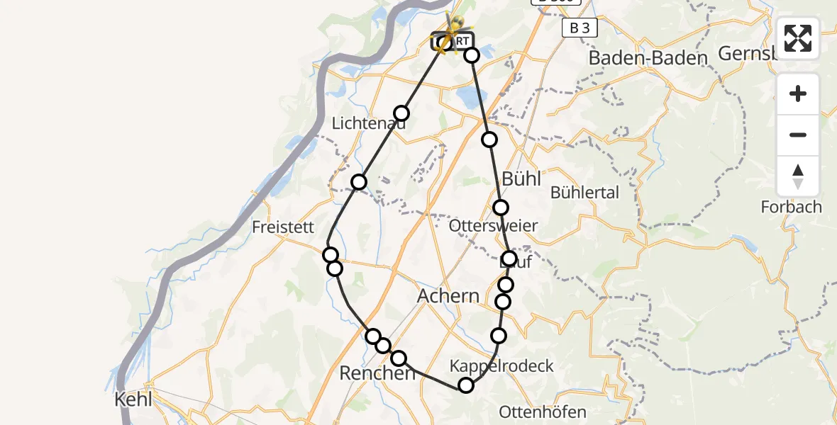 Flugroute Rettungshubschrauber Karlsruhe Baden-Baden Flughafen - Karlsruhe Baden-Baden Flughafen, 15 April 2026, 07:47