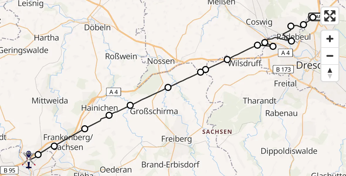 Flugroute Polizeihubschrauber Radeburg - Chemnitz, 15 April 2026, 07:53