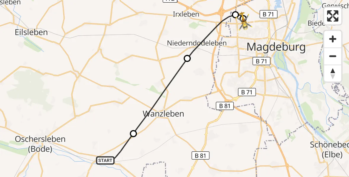 Flugroute Rettungshubschrauber Oschersleben (Bode) - Magdeburg Hospital, 15 April 2026, 07:53