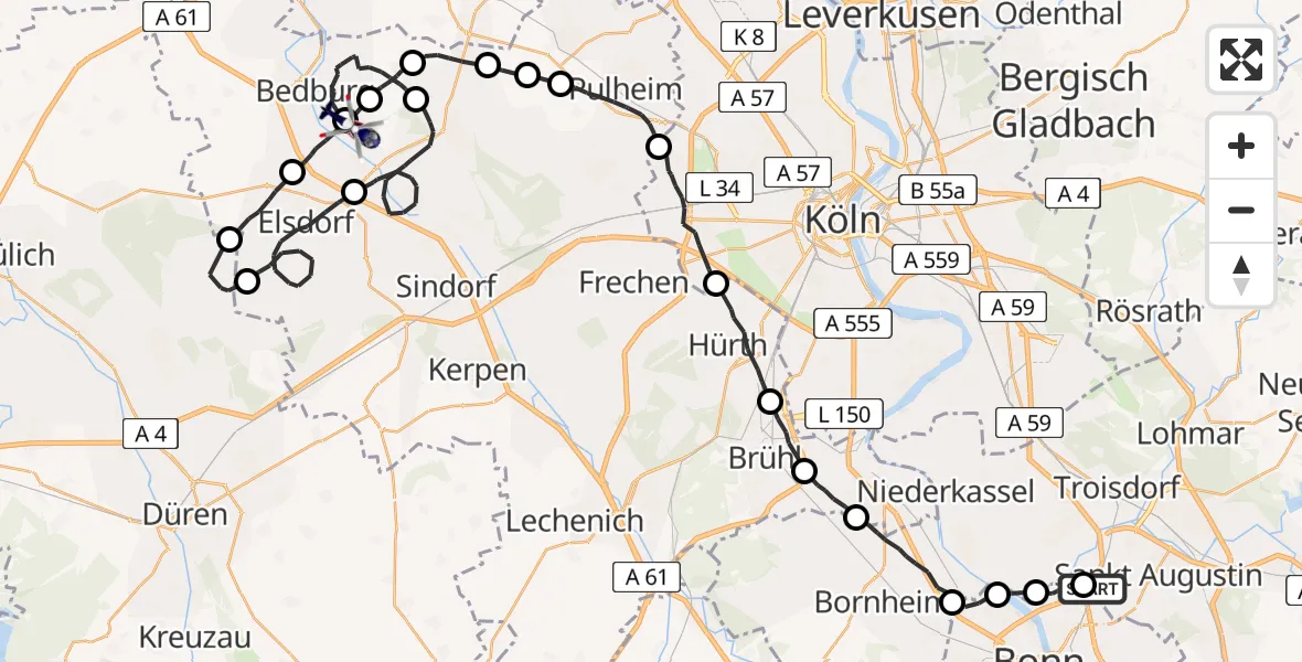 Flugroute Polizeihubschrauber Sankt Augustin - Bergheim, 15 April 2026, 07:56