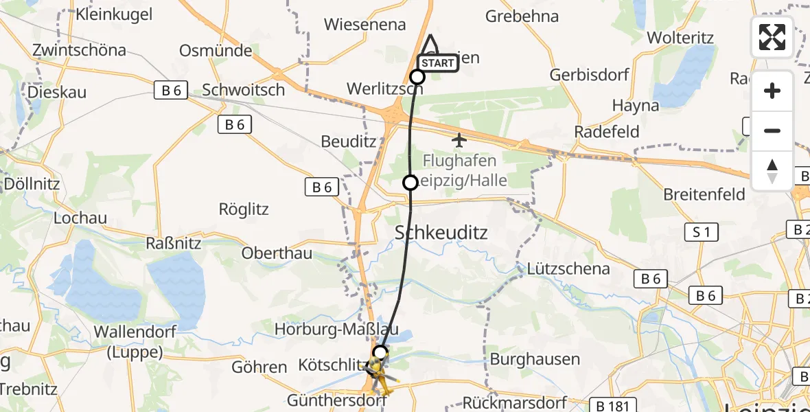 Flugroute Rettungshubschrauber Schkeuditz - ADAC Air Rescue Station Leipzig/Schkeuditz-Dölzig Hubschrauberlandeplatz (Christoph 61), 15 April 2026, 08:01