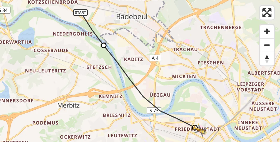 Flugroute Rettungshubschrauber Radebeul - Dresden Friedrichstadt Hospital, 15 April 2026, 08:05