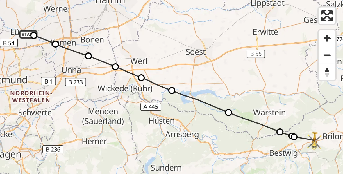 Flugroute Rettungshubschrauber Lünen - Brilon, 15 April 2026, 08:25