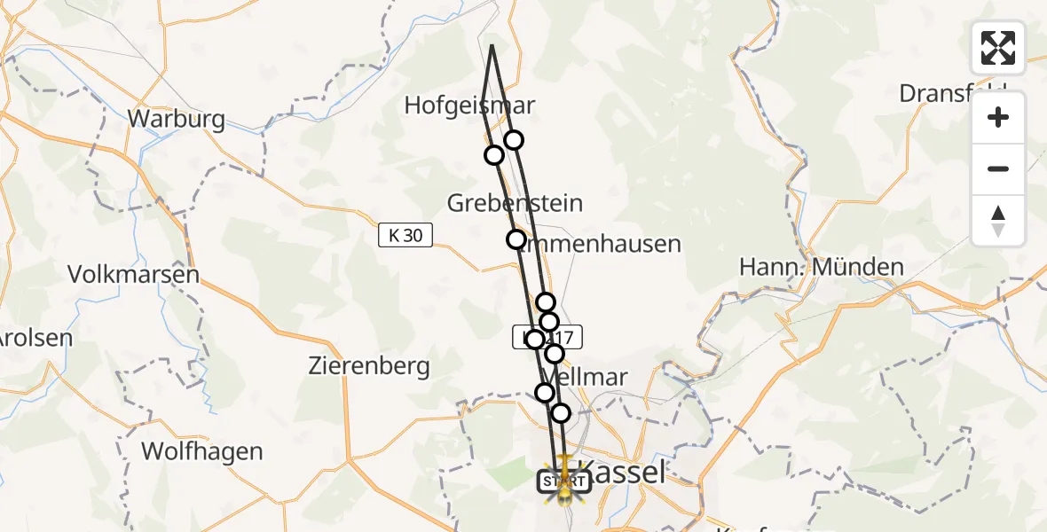 Flugroute Rettungshubschrauber Kassel - Kassel, 15 April 2026, 08:36