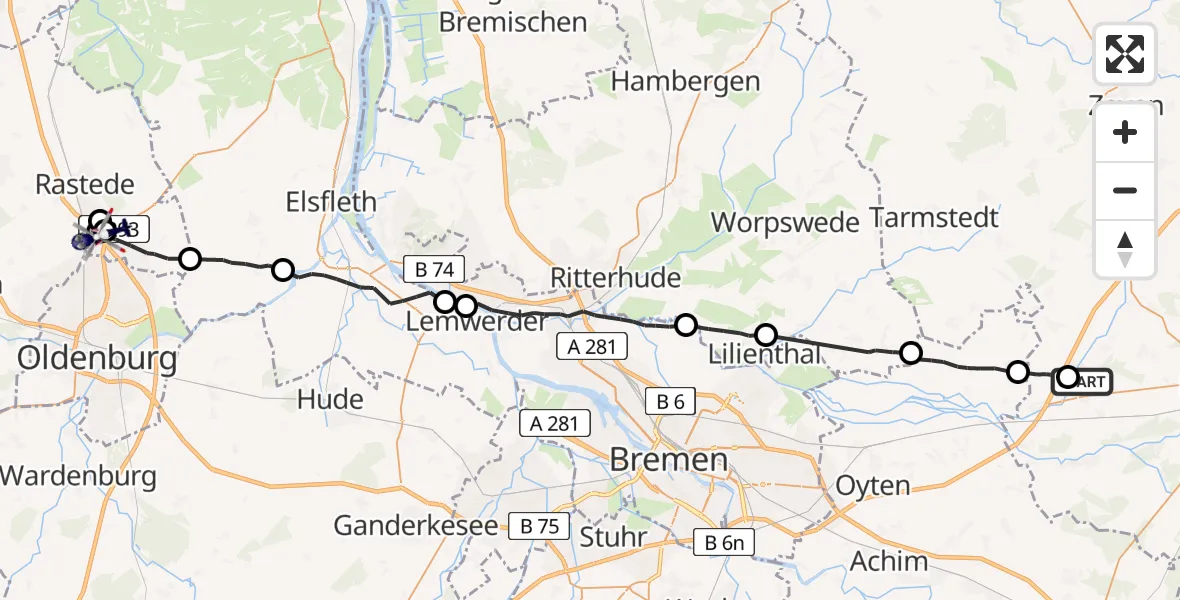 Flugroute Polizeihubschrauber Sottrum - Oldenburg Police Hubschrauberlandeplatz, 15 April 2026, 08:38