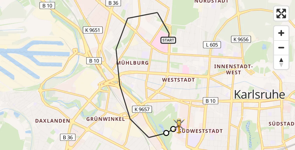 Flugroute Rettungshubschrauber Karlsruhe - Sankt Vincentius Hospital, 15 April 2026, 08:48