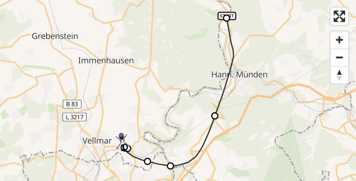 Flugroute Polizeihubschrauber Reinhardshagen - Fuldatal Bundespolizei Hubschrauberlandeplatz, 15 April 2026, 08:49