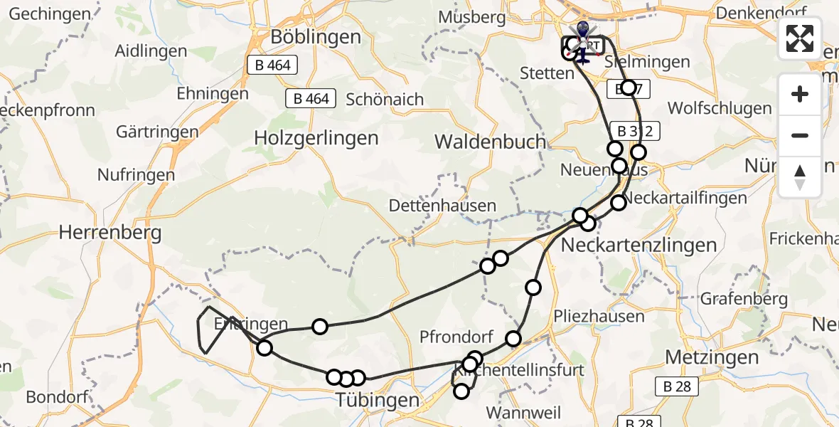 Flugroute Polizeihubschrauber Flughafen Stuttgart - Flughafen Stuttgart, 15 April 2026, 08:59