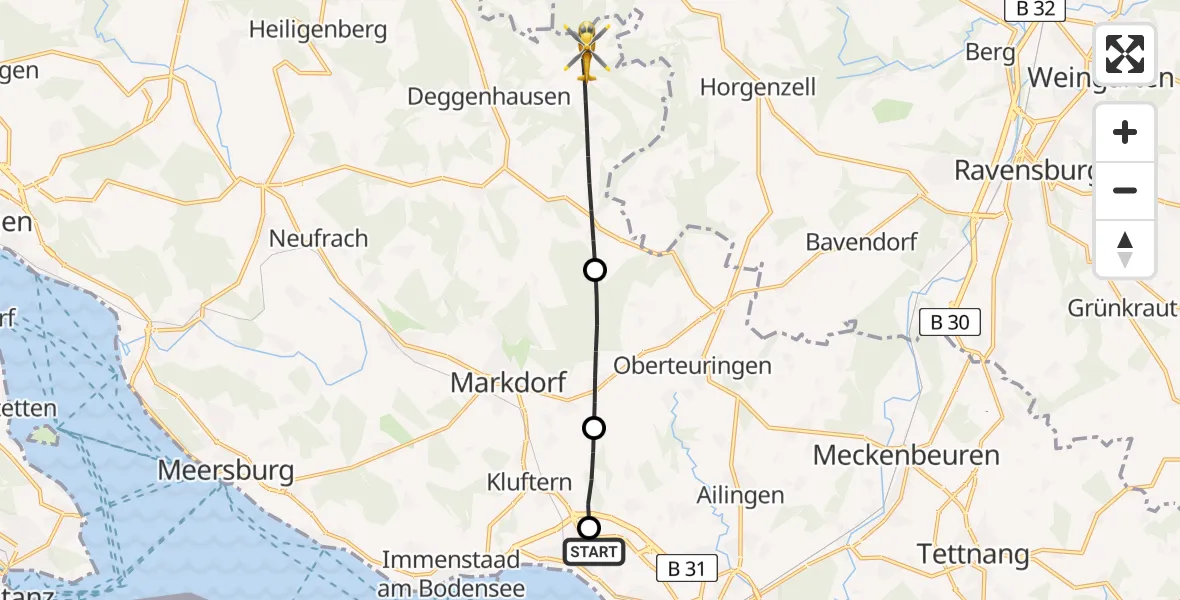 Flugroute Rettungshubschrauber Friedrichshafen Hospital - Deggenhausertal, 15 April 2026, 09:07
