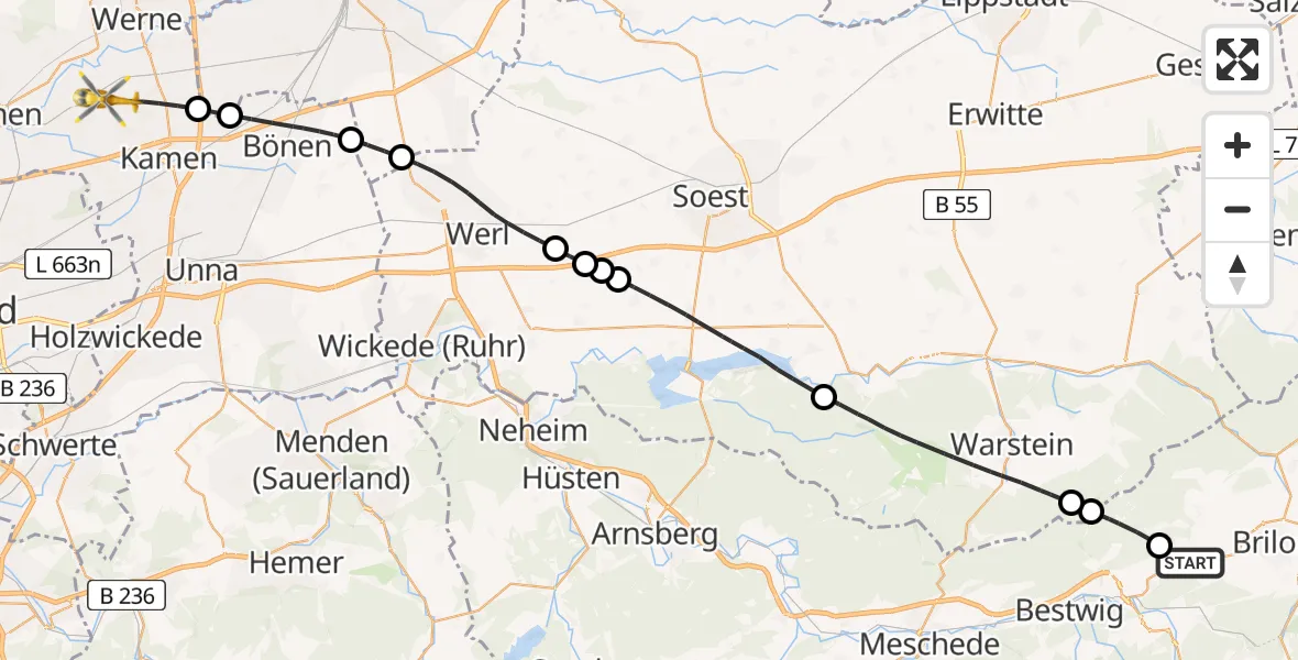 Flugroute Rettungshubschrauber Brilon - Bergkamen, 15 April 2026, 09:12