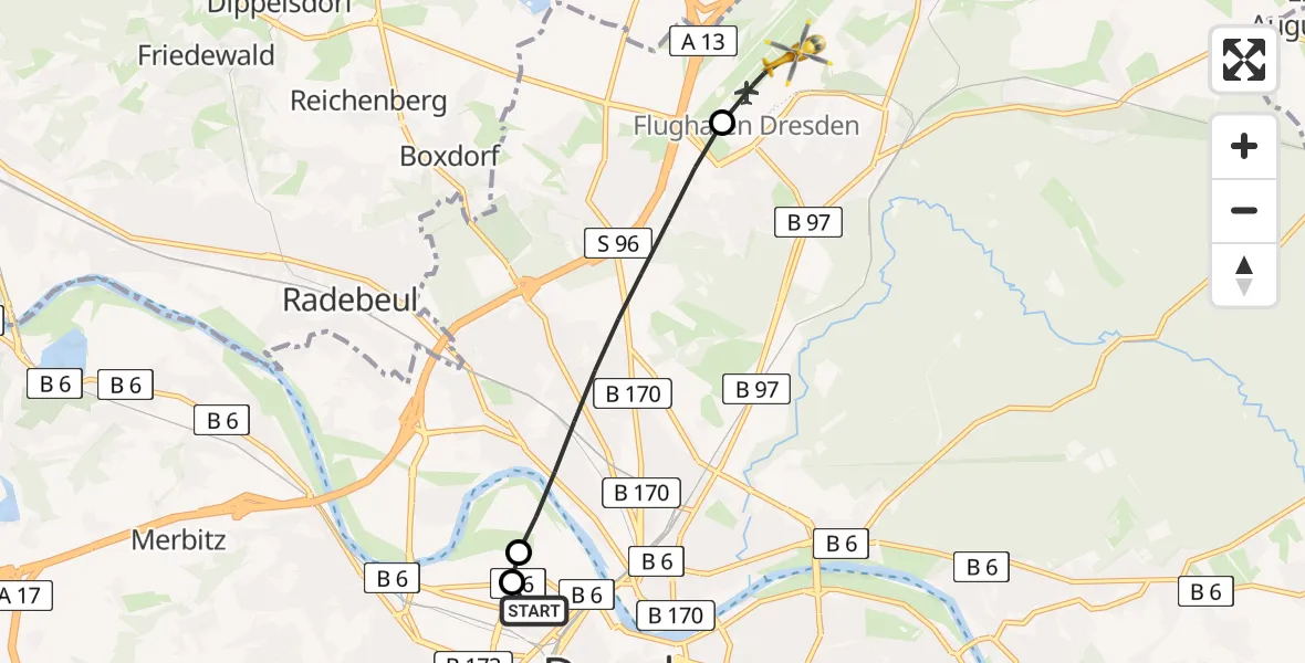 Flugroute Rettungshubschrauber Dresden Friedrichstadt Hospital - Dresden Bundespolizei Hubschrauberlandeplatz, 15 April 2026, 09:15