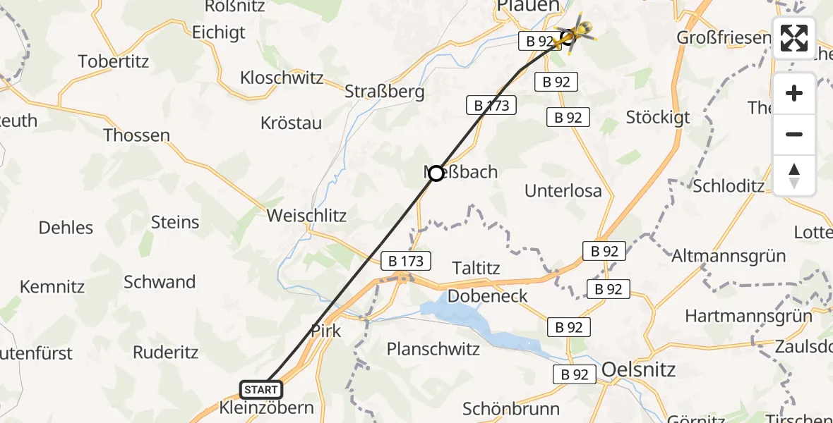 Flugroute Rettungshubschrauber Weischlitz - Helios Clinic Plauen Hubschrauberlandeplatz, 15 April 2026, 09:18