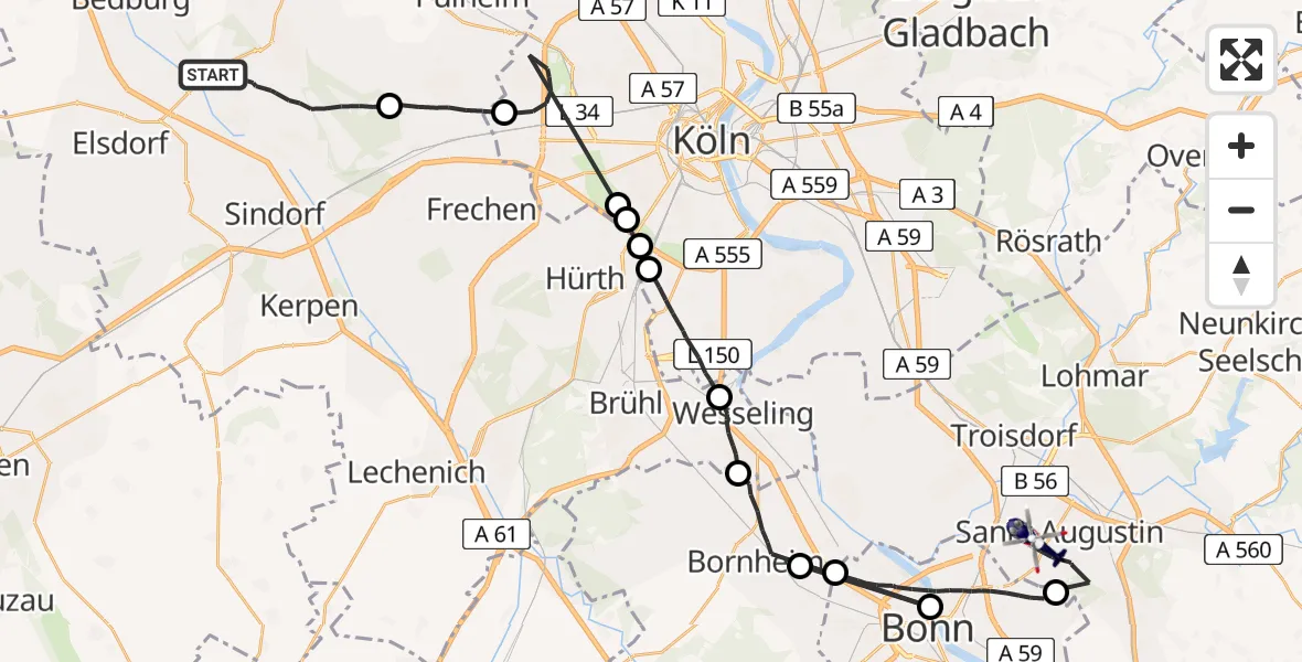Flugroute Polizeihubschrauber Bergheim - Sankt Augustin, 15 April 2026, 09:21